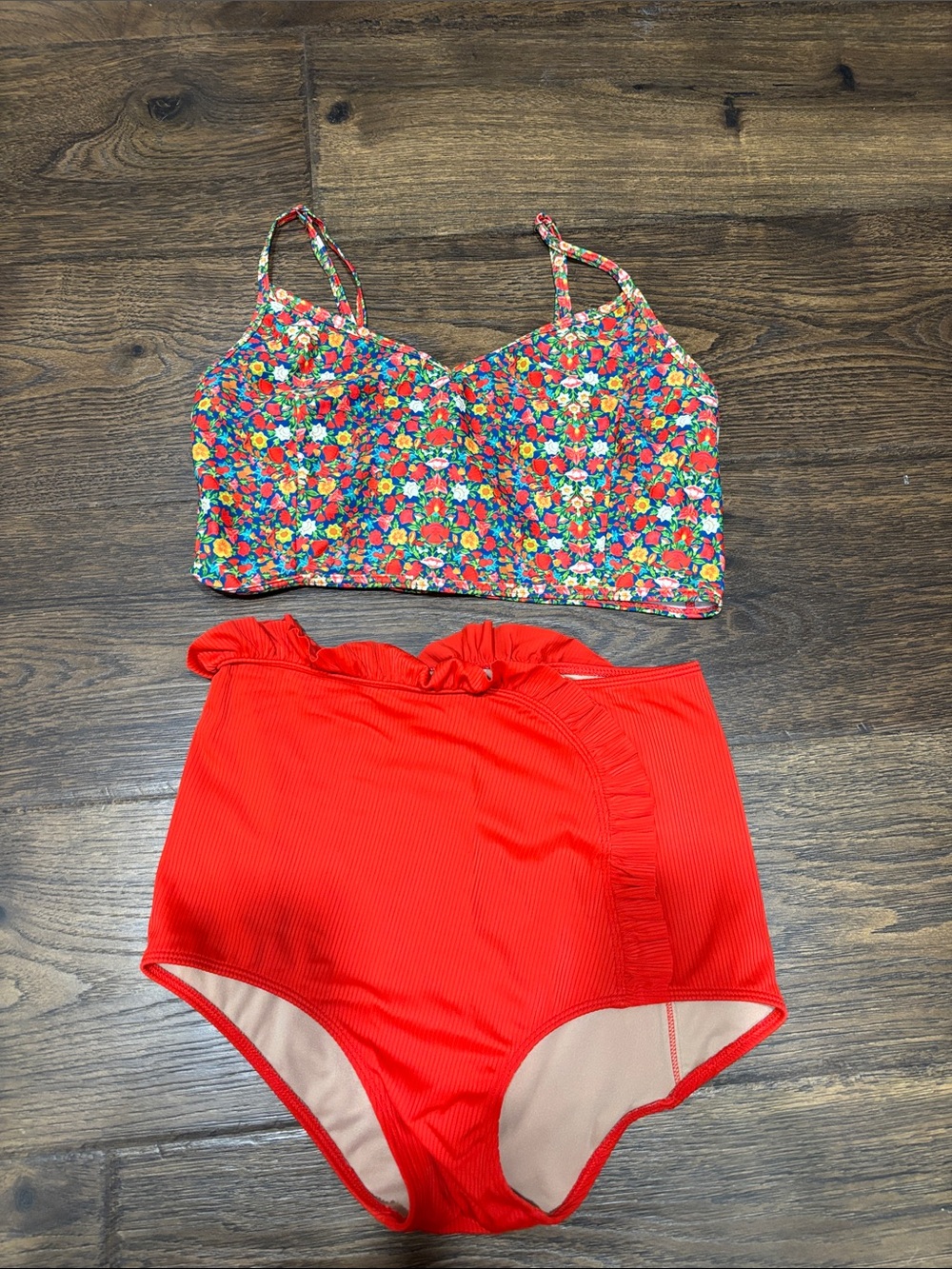 Kortni Jeane Floral Crop Bikini Top & Red High Waist Bottoms